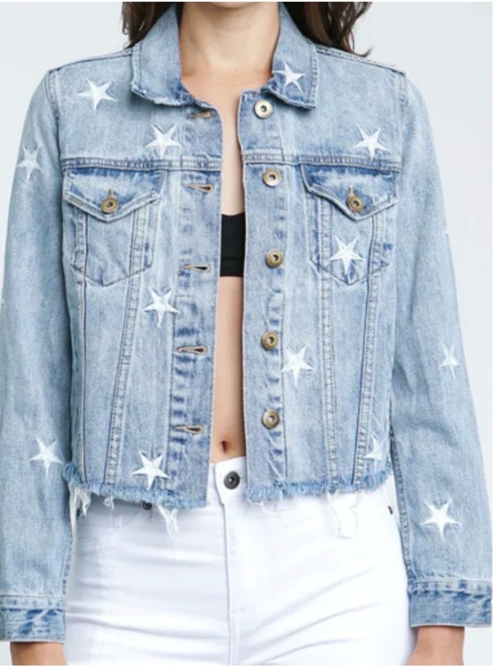 Pistola Light Blue Brando Star-Print Cropped Denim Jacket - Large